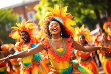 Three Women dancers in brazilian samba carnival costumes. Brazilian Carnival. Group of people...