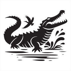 Black Vector Crocodile Silhouette: Menacing Reptile in Detailed Shadow Play - Reptile Stock Vector
