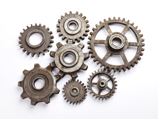 A bunch of gears, seven cogwheels placed on a white background