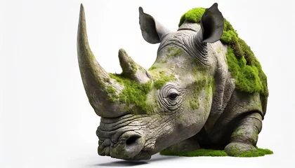 Keuken spatwand met foto head of a rhino stone mossy statue © Batuhan