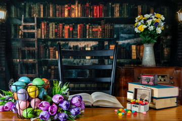 Easter decorations with jelly beans and colored eggs in old library