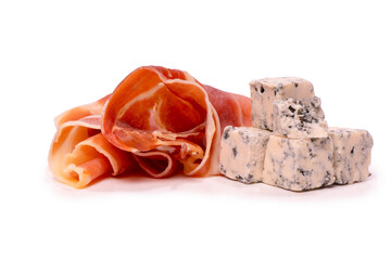 Cheese, olives, salami, jamon isolated on a white backgrund.
