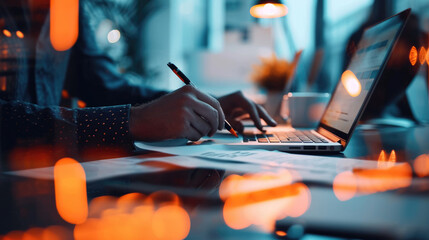 Close-up of a person's hands typing on a laptop keyboard