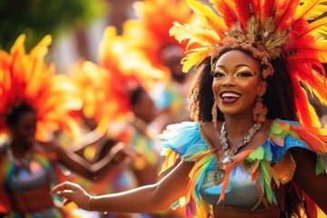 Three Women dancers in brazilian samba carnival costumes. Brazilian Carnival. Group of people celebrating carnival in Brazil. - obrazy, fototapety, plakaty