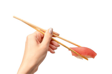 Sushi with tuna in a woman hand isolated on white background.