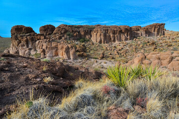 Mountain erosion formations of red mountain sandstones, Desert landscape with cacti, Arizona