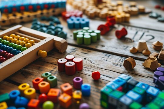 A variety of colorful wooden toys on a wooden table Generative AI
