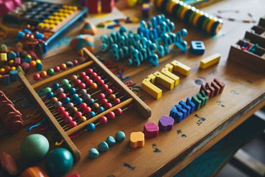 A wooden table with a variety of colorful toys and counting tools. Generative AI