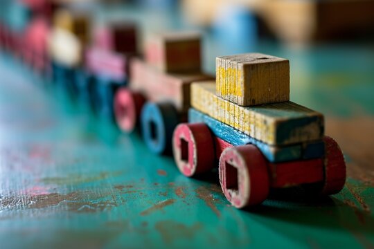 A colorful wooden train on a green table Generative AI