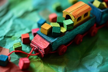 Obraz premium A colorful wooden train with a red rope attached to it. Generative AI