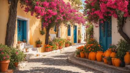 Fototapeta na wymiar Summer street of Greece with flowers