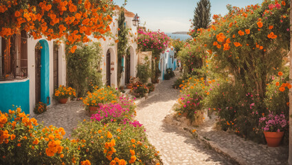 beautiful street of Greece with flowers - obrazy, fototapety, plakaty