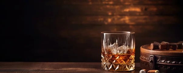 Gordijnen Whiskey glass on wooden table with luxury cigar. Alcohol cognac and cubanian cigar. © Michal