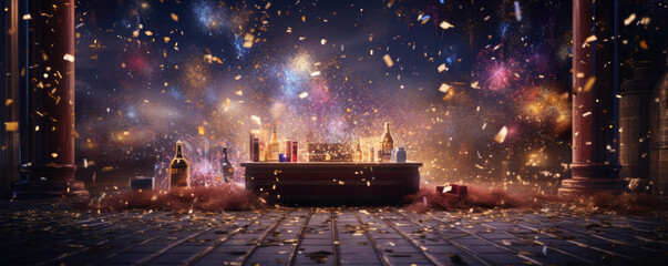 Fireworks in night celebration ,happy new year concept. Wide banner