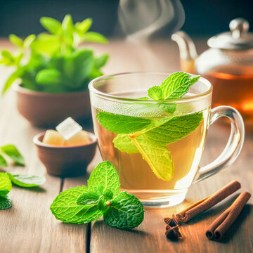 refreshing mint tea, highlighting the mint leaves and the calming quality of the drink, good for the heart and blood pressure, healthy, drink concept, generative ai