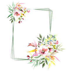 Beautiful apple blossom flowers frame illustration.Hello spring concept design with copy space. Easter blooming flower. Pink cherry blossom artwork with place for text.