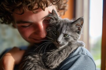 A young man holding a kitten. Generative AI