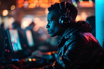 Young Man in Black Jacket and Headphones Playing Video Games Generative AI