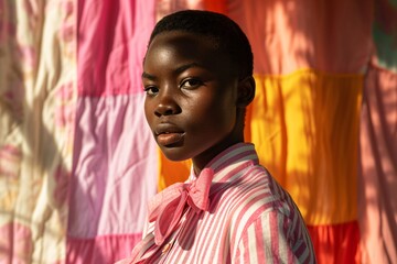 African Woman with Pink and Yellow Striped Shirt Generative AI