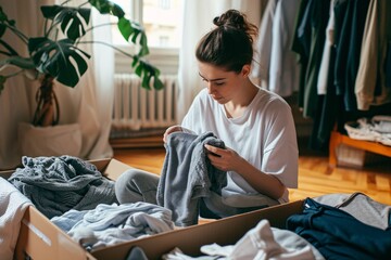 A woman in a white shirt folding clothes in a box Generative AI