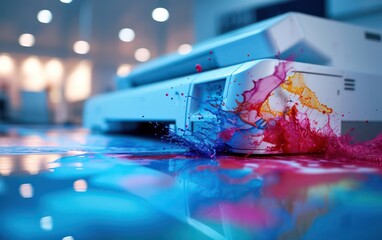 Professional photocopier or printer in an office setting, producing high-quality color prints with vibrant splashes Spilled paint of color. - obrazy, fototapety, plakaty
