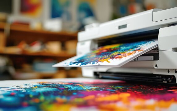 Professional photocopier or printer in an office setting, producing high-quality color prints with vibrant splashes Spilled paint of color.