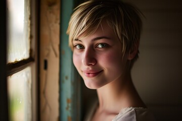 A woman with short hair and green eyes posing for a picture Generative AI
