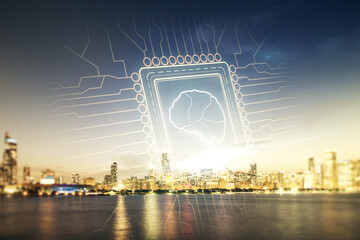 Virtual creative artificial Intelligence hologram with human brain sketch on Chicago cityscape background. Double exposure