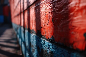 A red brick wall with peeling paint and a blue stripe Generative AI