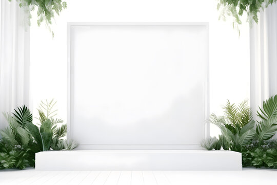White mockup frame wall decorated by green plants, copy space