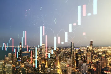 Papier Peint photo Lavable Photographie macro Abstract virtual financial graph hologram on Chicago skyline background, forex and investment concept. Multiexposure