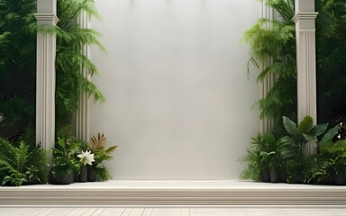 Fototapeta na wymiar Luxury mockup frame wall decorated by green plants, copy space