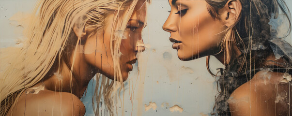 Two woman graffiti painted on wall. Vector graphic fashion, Sprayed lady cartoon art style on...