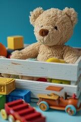A brown teddy bear sitting in a wooden toy box with a variety of toys. Generative AI