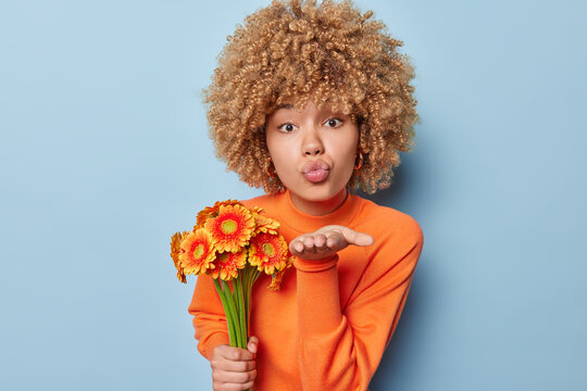 Studio waist up of young African american woman standing isolated on blue background in orange sweater holding bunch of orange and yellow gerbera flowers blowing kiss looking straight at camera