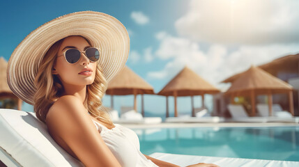 Beautiful caucasian woman relaxing at swimming pool during vacation