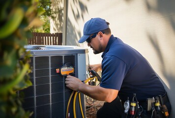 Technician repairing air conditioner in the backyard of his house.
