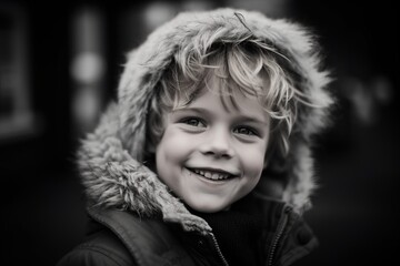 Portrait of a smiling little boy in winter clothes. Black and white.