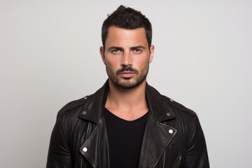 Obraz premium Handsome young man in leather jacket, looking at camera, on grey background