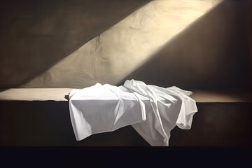 Resurrection Of Jesus Christ Concept. A Shroud And Crucifixion At Sunrise