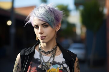 Portrait of a beautiful young hipster woman with short purple hair