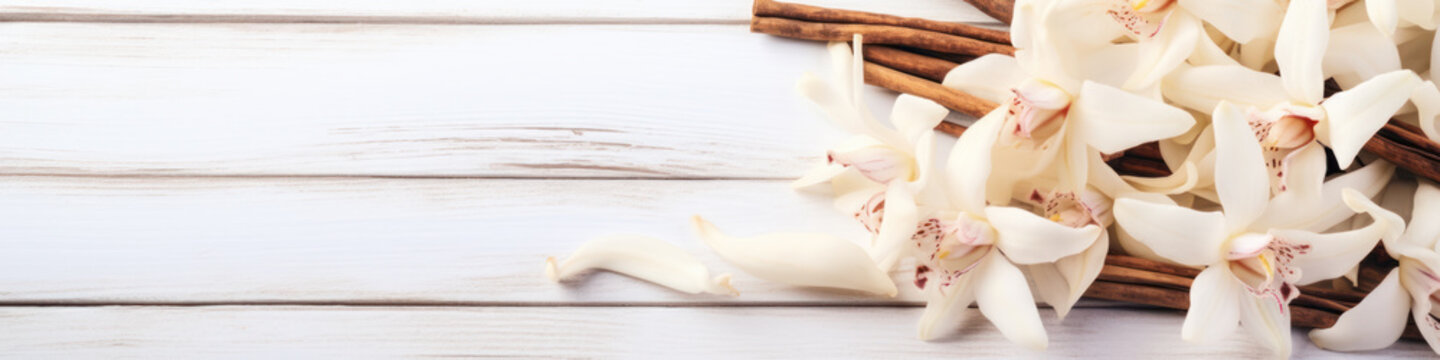 Flying vanilla sticks and orchid flowers on beige background.