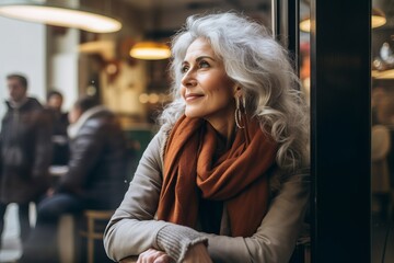 Fototapeta premium Portrait of a beautiful senior woman with gray hair in a cafe.