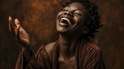 A cozy and warm portrayal of the model's laughter, hands raised in a relaxed manner, against a deep chocolate brown background