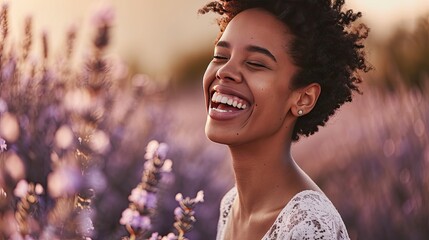 The model is seen laughing, slightly leaning forward, against a soft lavender background that complements a playful mood - obrazy, fototapety, plakaty