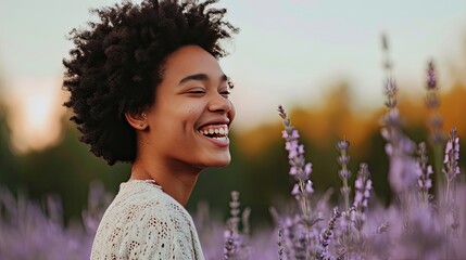 The model is seen laughing, slightly leaning forward, against a soft lavender background that complements a playful mood