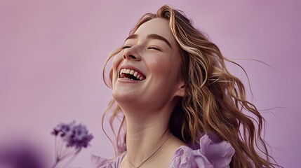 The model is seen laughing, slightly leaning forward, against a soft lavender background that complements a playful mood