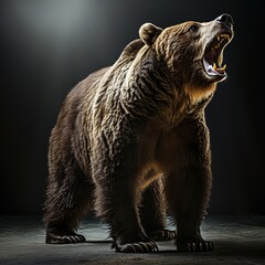 Obraz premium A large brown bear with its mouth open, roaring in the wild Generative AI