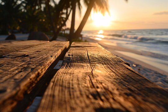 A Wooden Bench Overlooking The Ocean At Sunset Generative AI