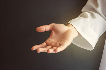 Jesus reaching out his hand against dark background